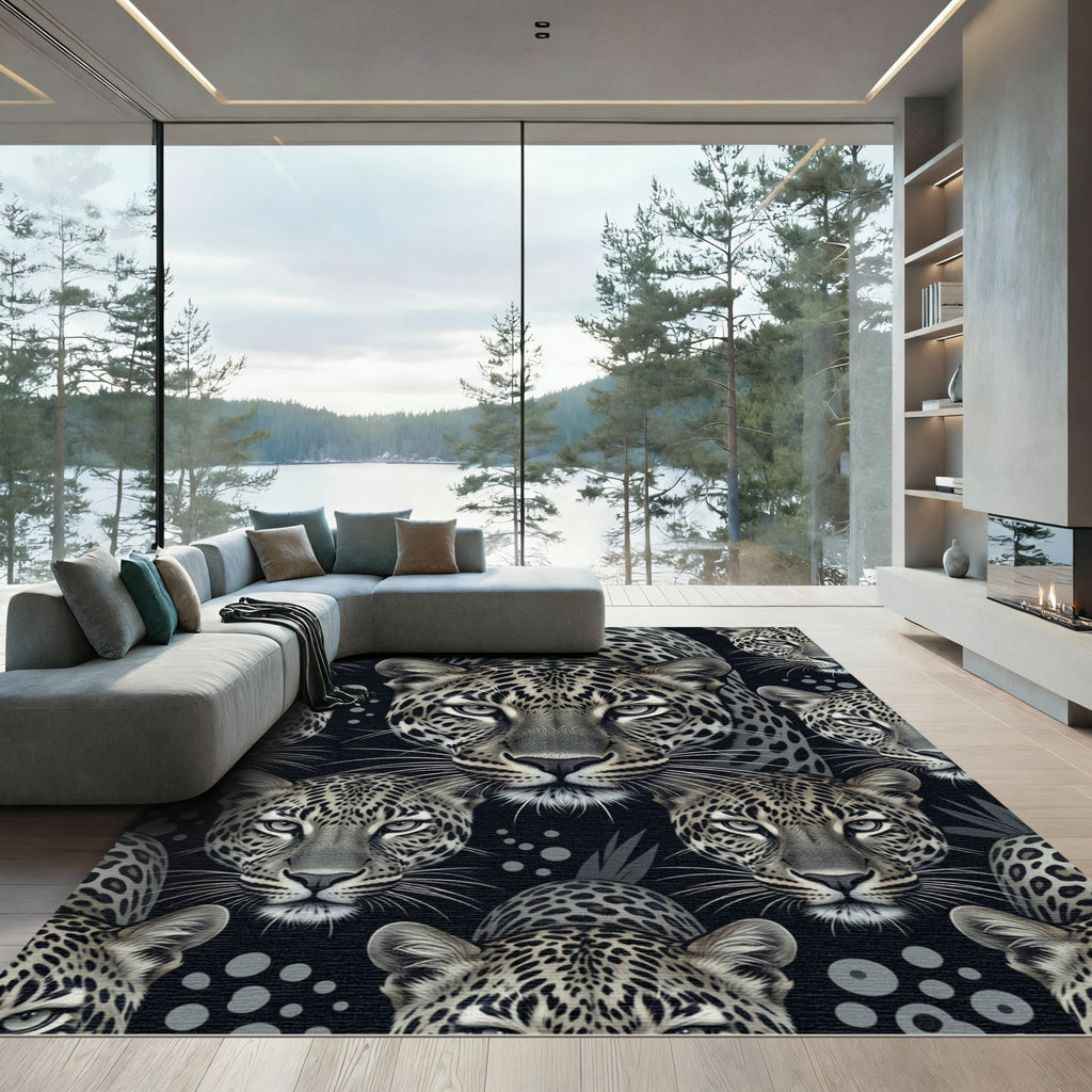 Leopard Face Collage Black Gray Accent Rug