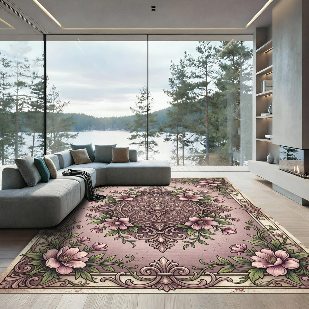 Pink Floral Medallion Garden Scene Rug