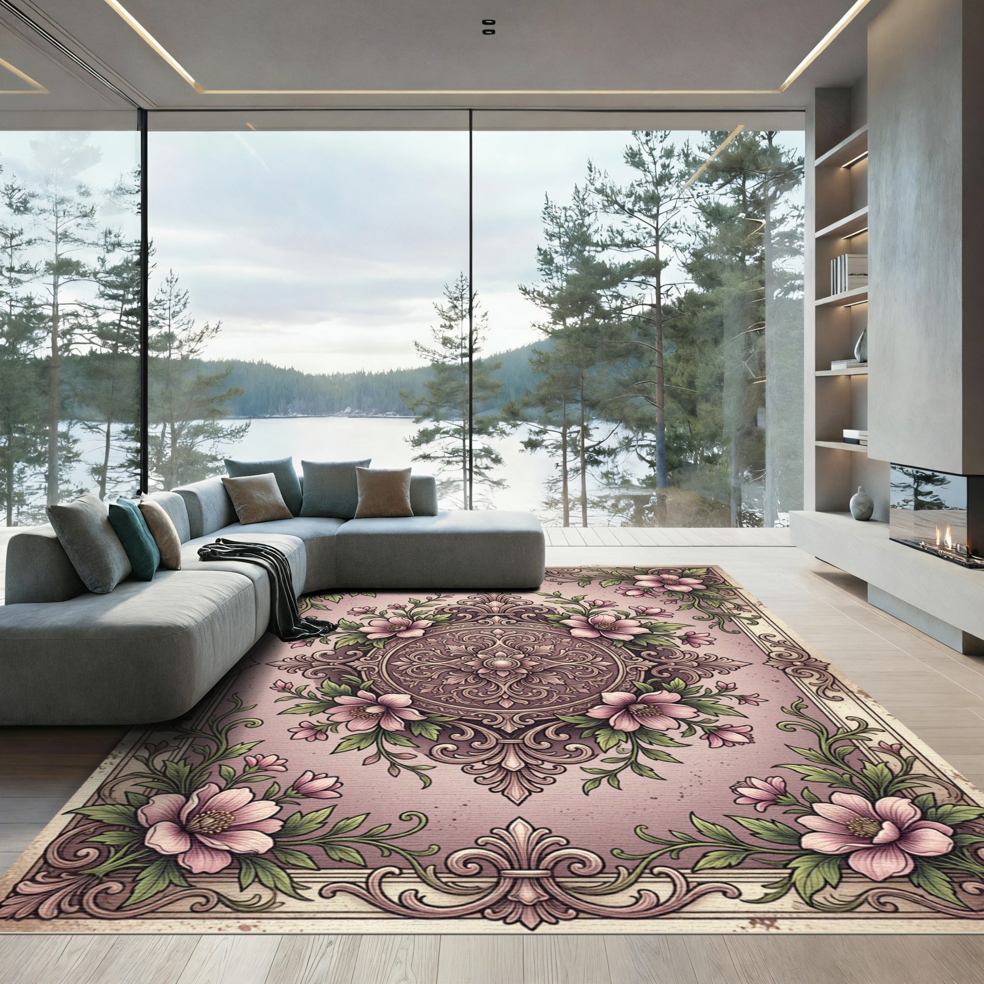 Pink Floral Medallion Garden Scene Rug
