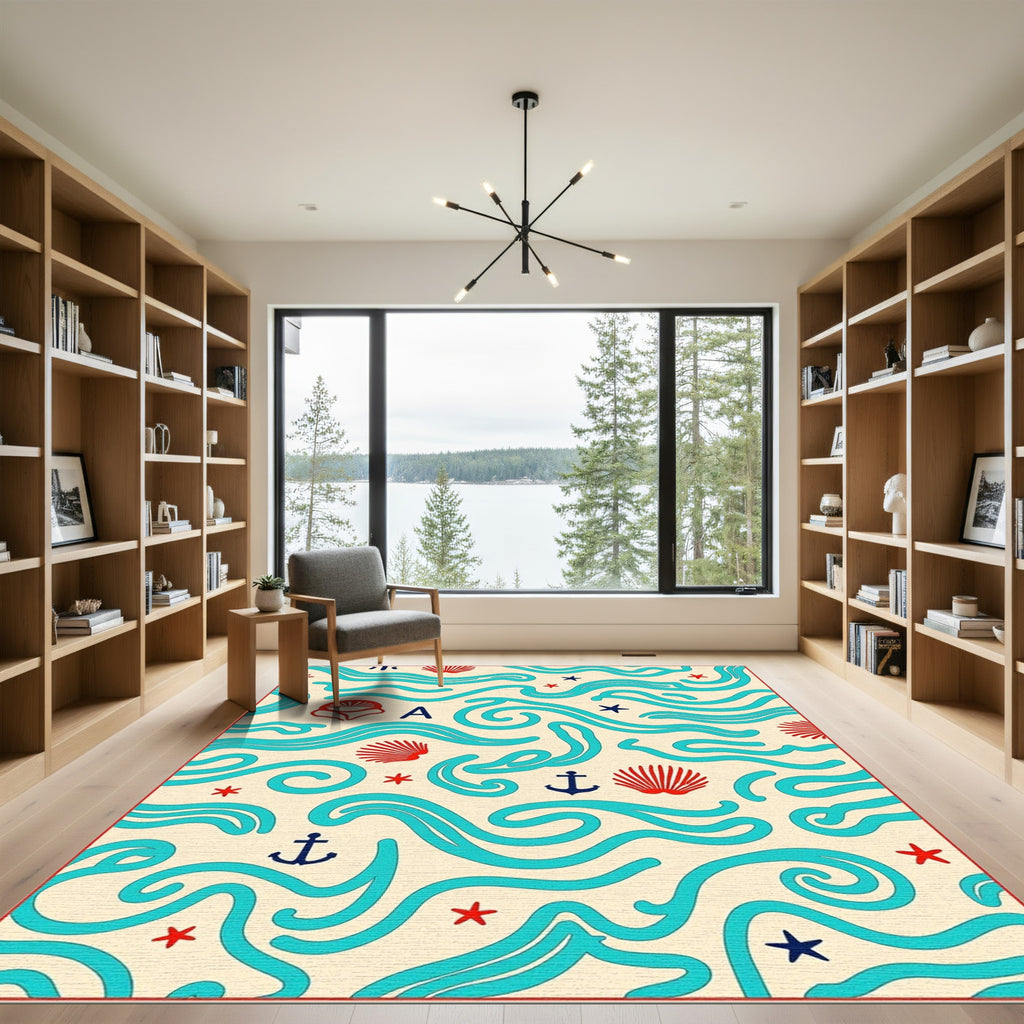Coastal Blue Wave Shell Anchor Rug