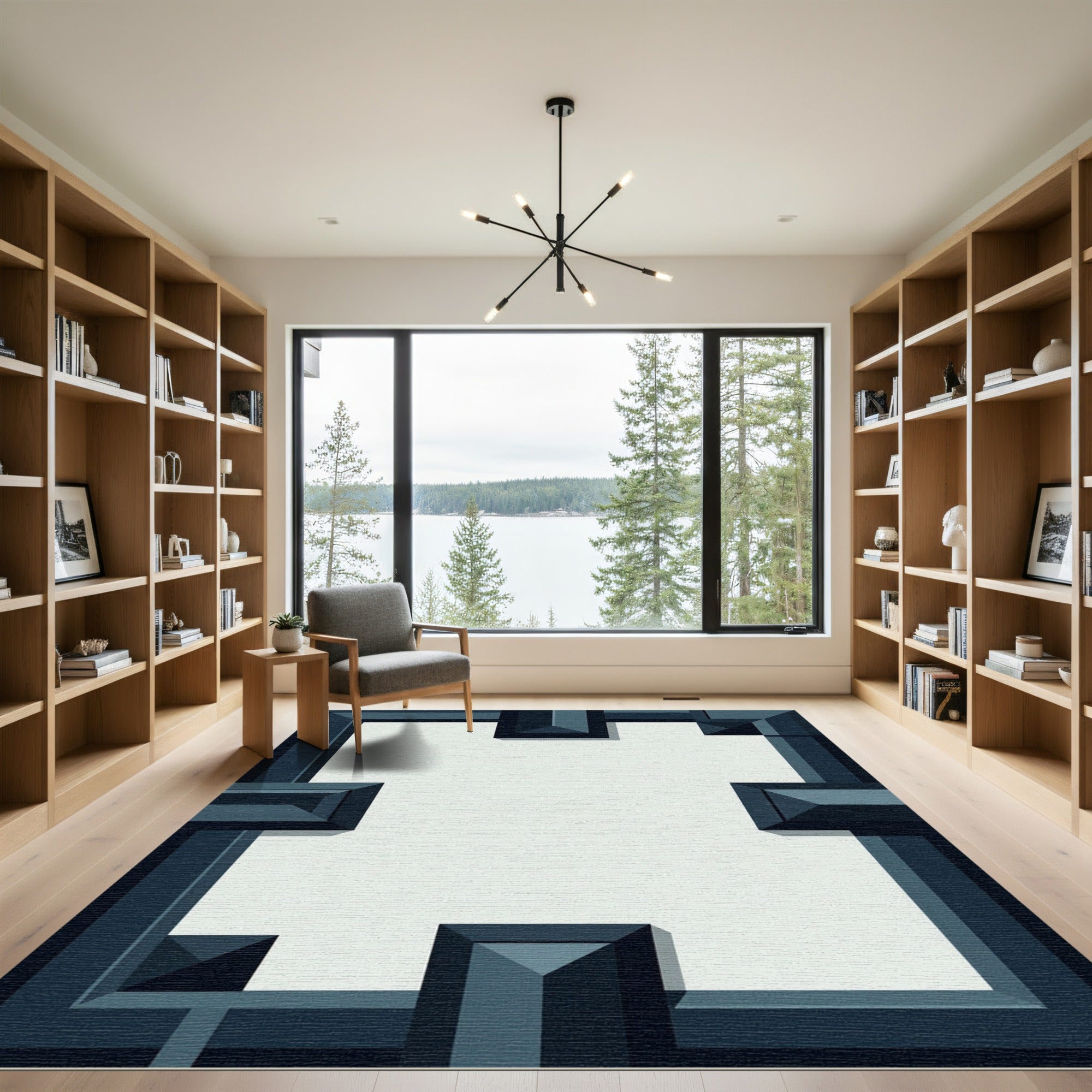 Deep Blue Geometric Layered Frame Rug