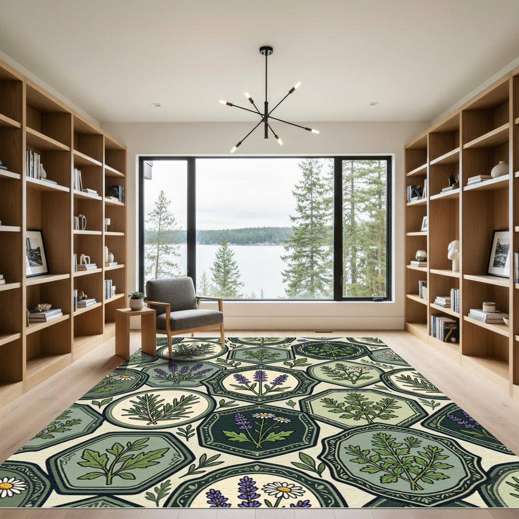 Green Botanical Hexagon Herb Garden Rug