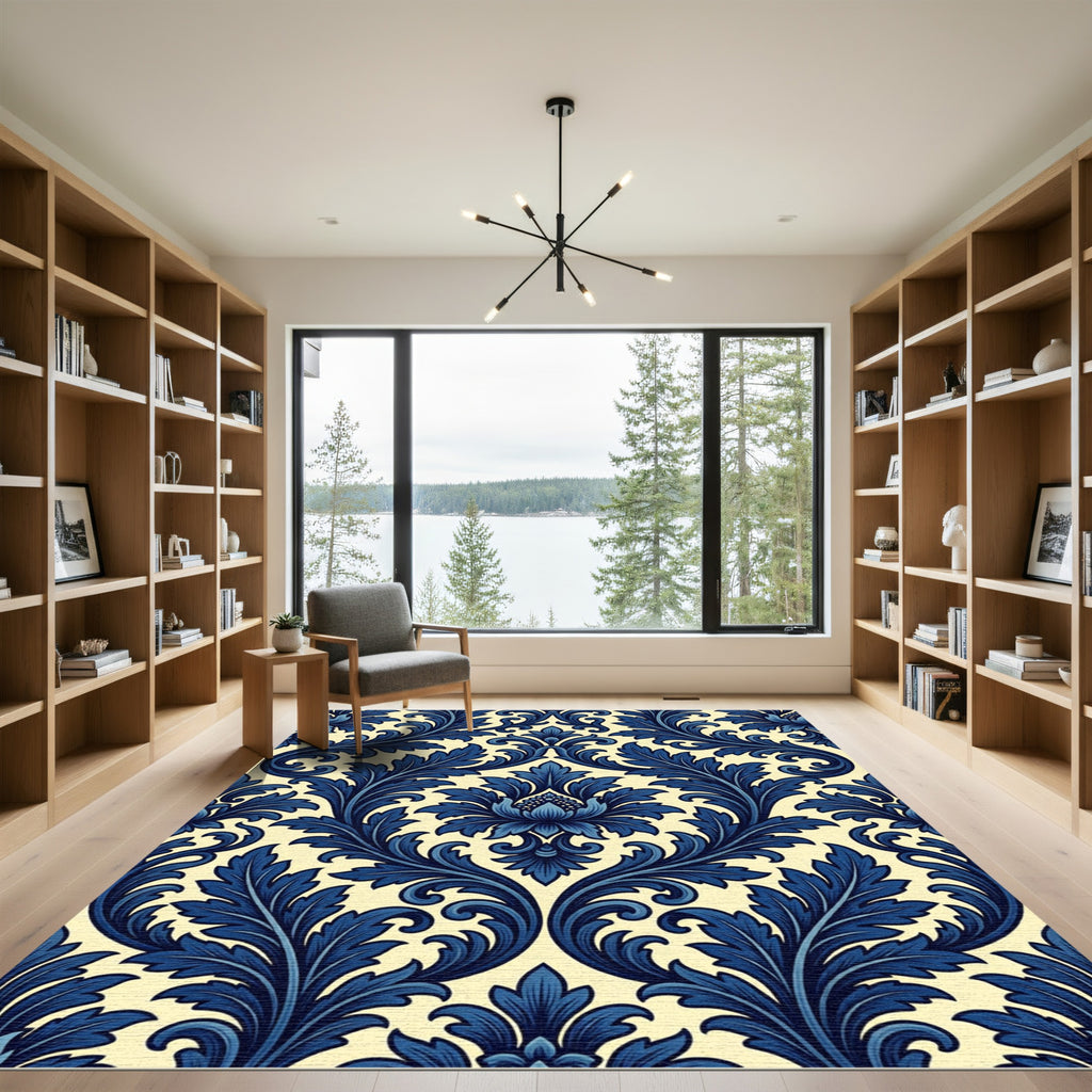 Deep Blue Opulent Scrollwork Imagery Rug