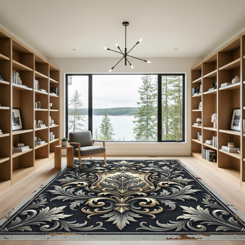 Ornate Charcoal Gray Baroque Scrollwork Rug
