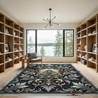 Ornate Charcoal Gray Baroque Scrollwork Rug