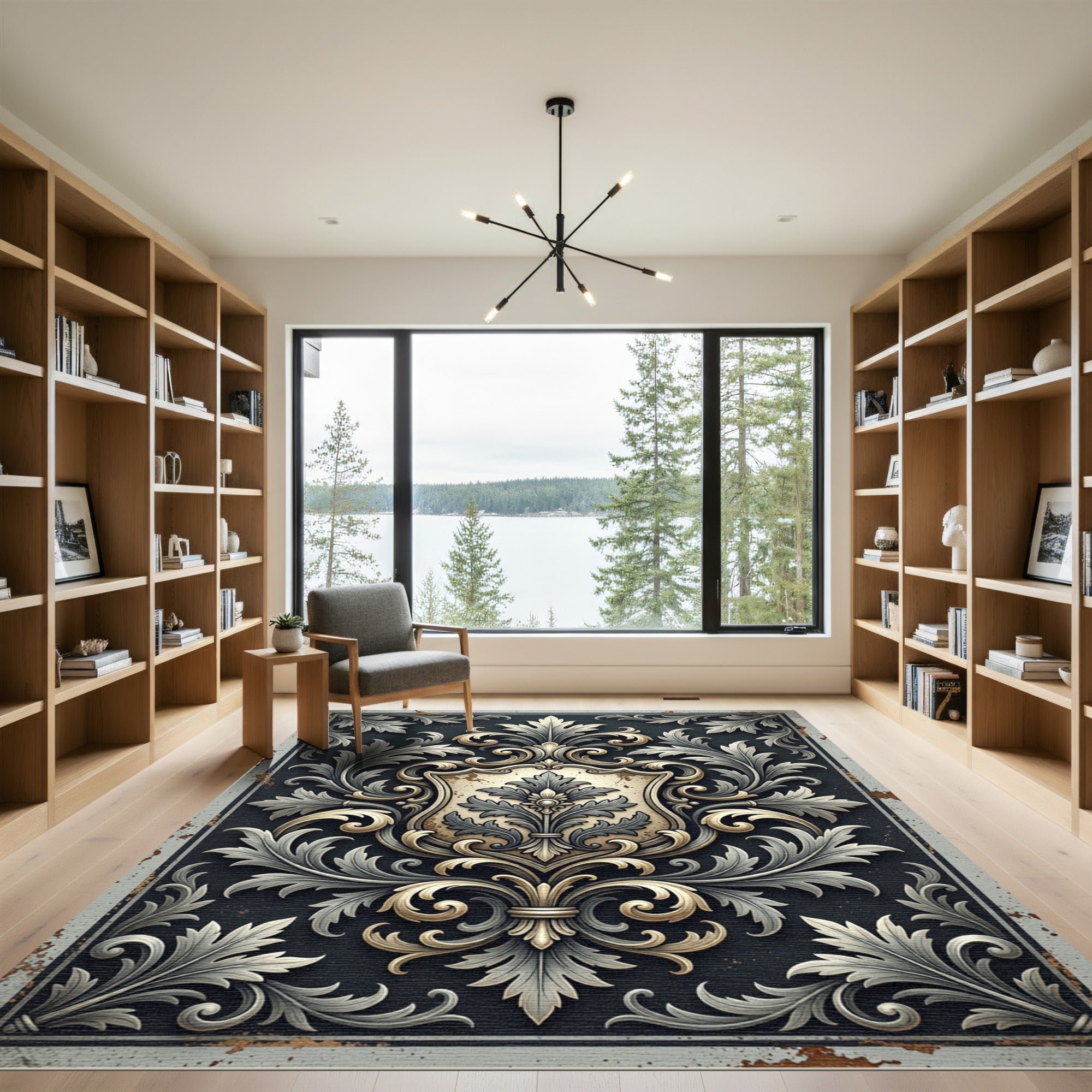 Ornate Charcoal Gray Baroque Scrollwork Rug