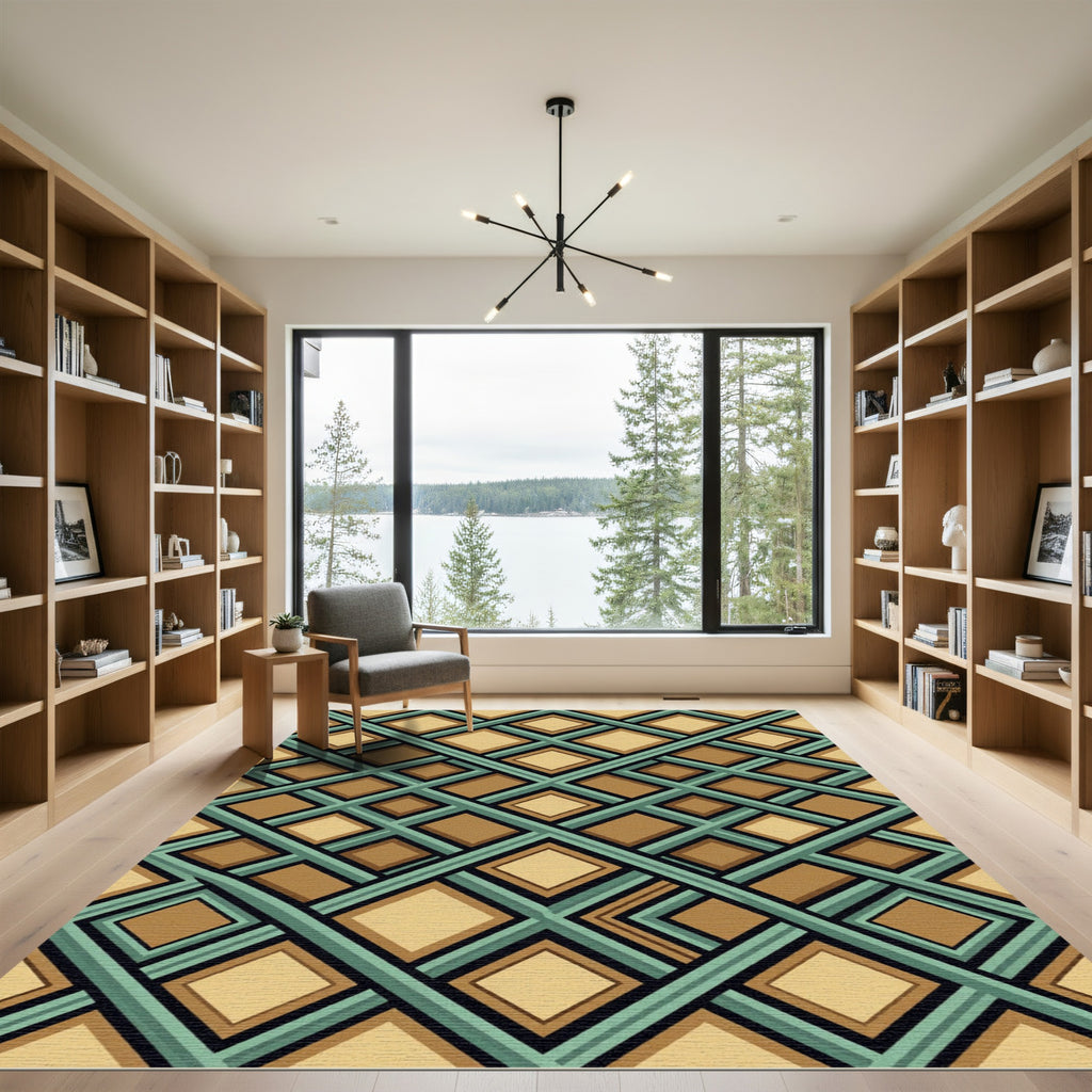 Geometric Sage and Tan Diamond Grid Rug