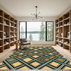 Geometric Sage and Tan Diamond Grid Rug