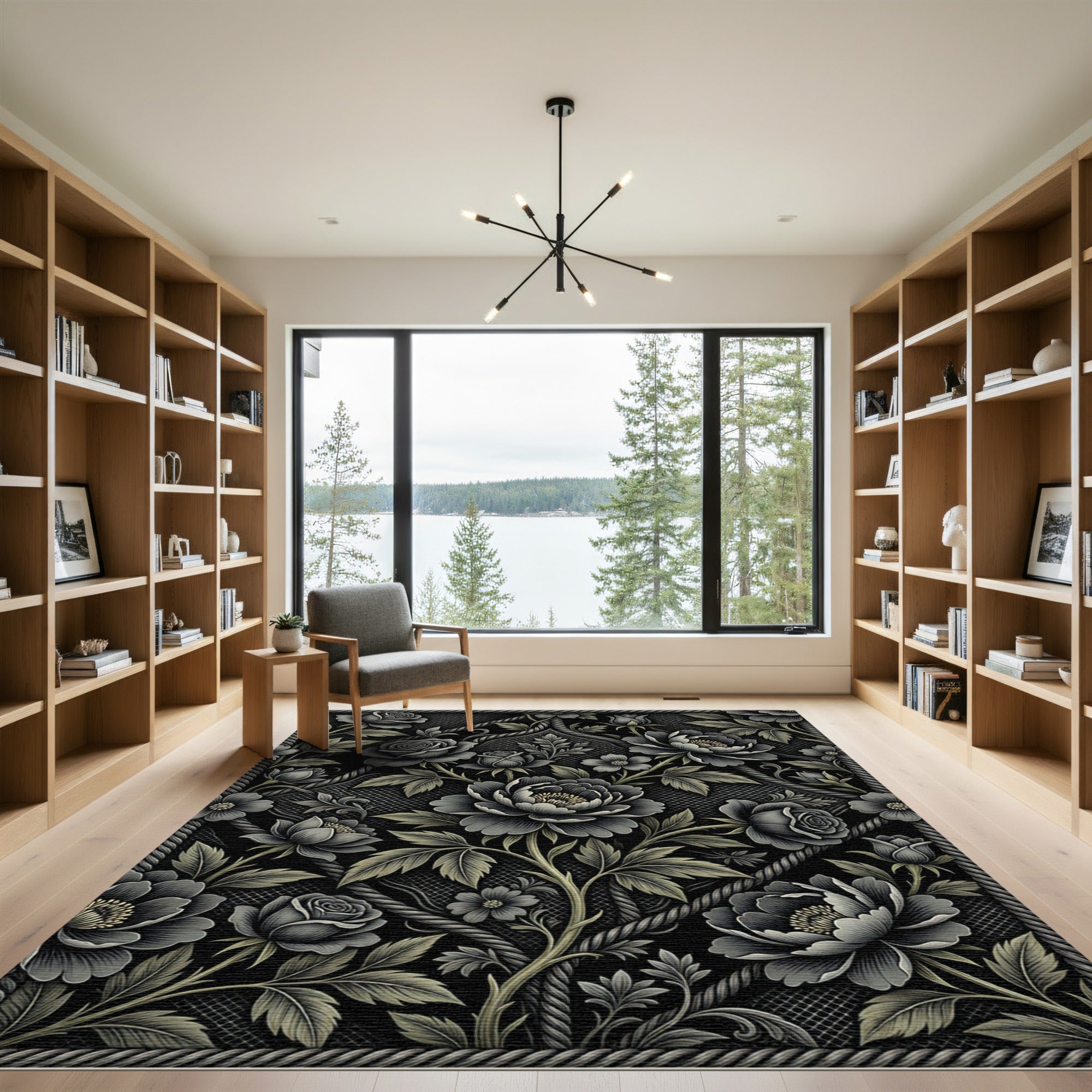 Dark Gray Floral Lace Vine Rug