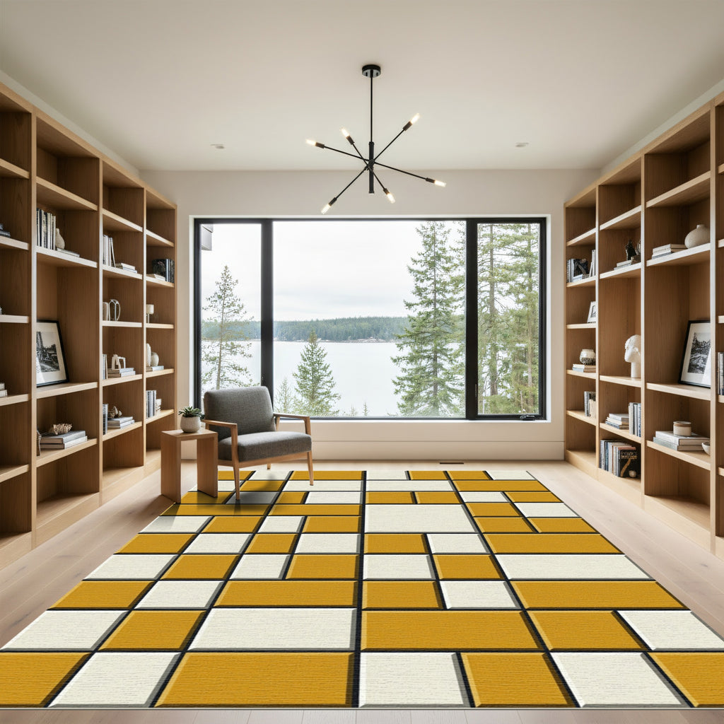 Abstract Ochre White Rectangles Rug