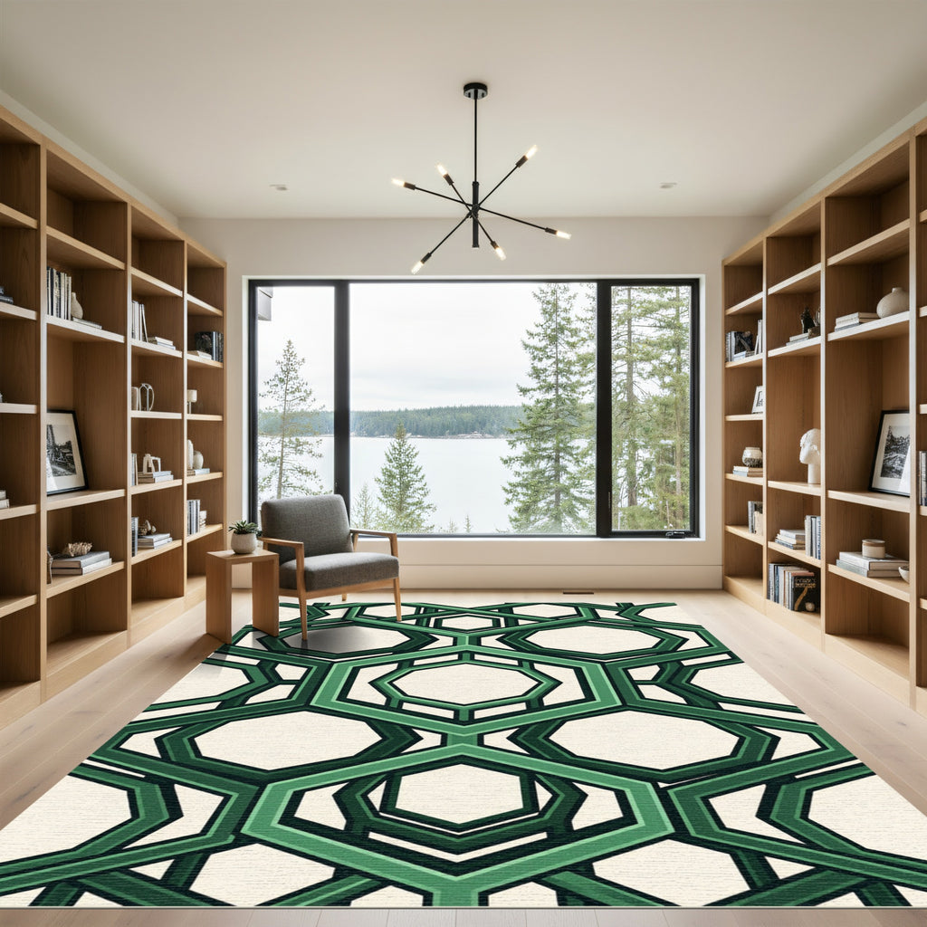 Geometric Sage Interlocking Hexagon Grid Rug