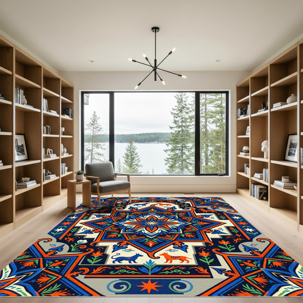 Vibrant Blue and Orange Animal Medallion Rug
