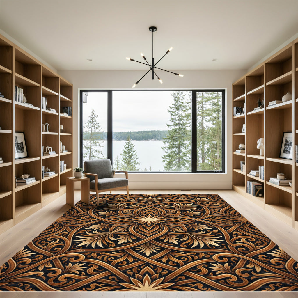 Golden Black Intertwined Floral Scroll Rug