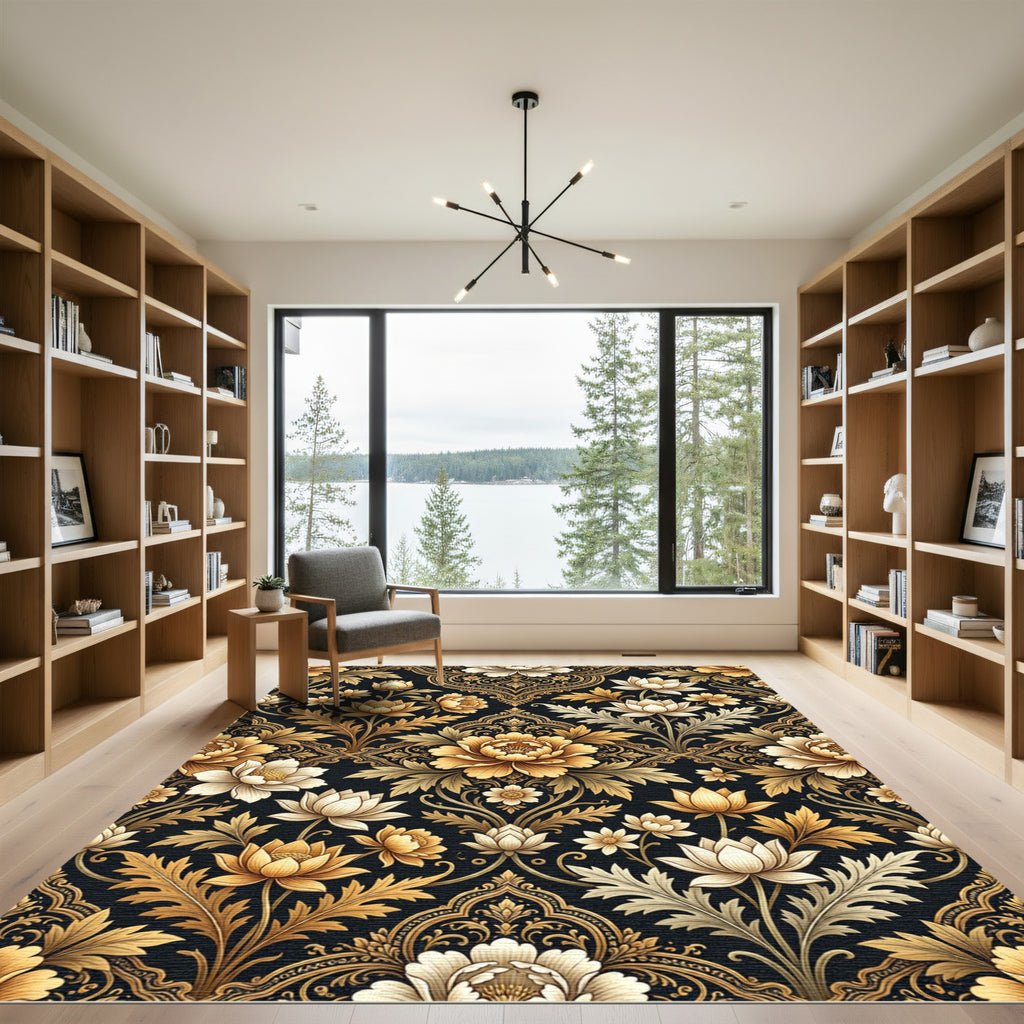 Elegant Gold Floral Damask Botanical Art Rug