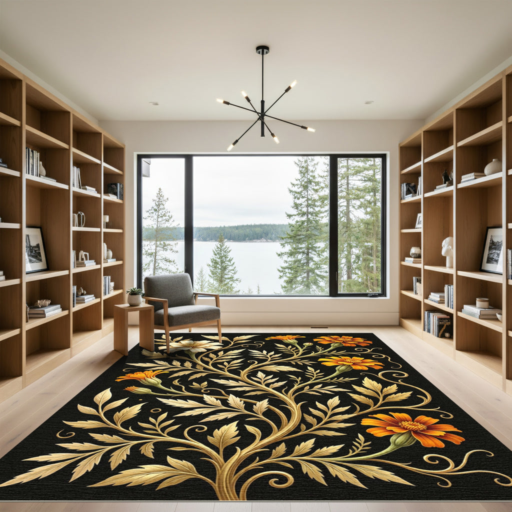 Golden Marigold Floral Botanical Art Rug