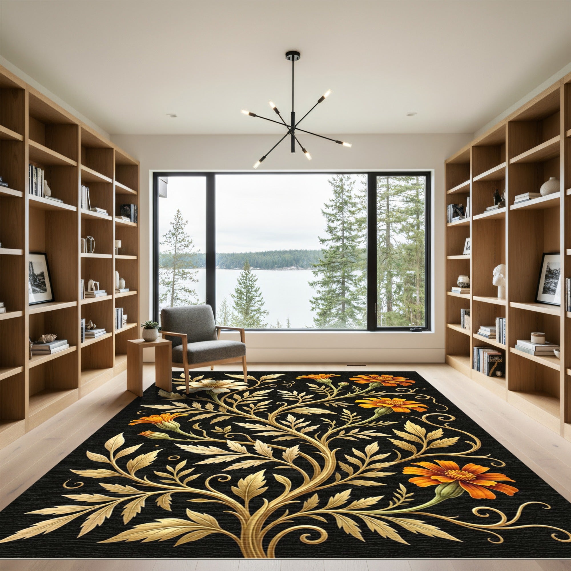 Golden Marigold Floral Botanical Art Rug