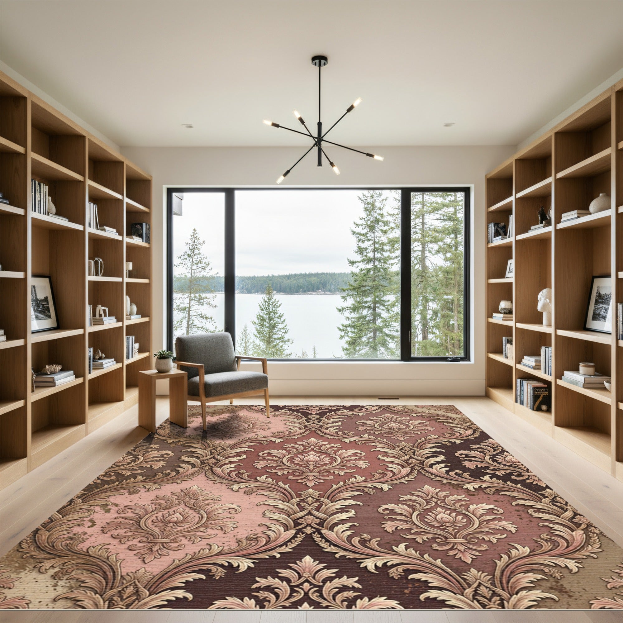 Vintage Damask Floral Ochre Rose Area Rug