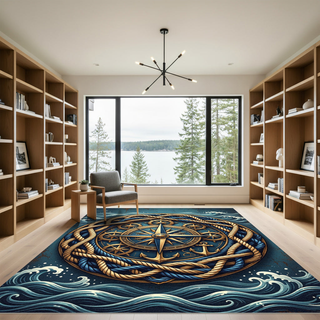 Nautical Compass Anchor Braided Rope Art Rug