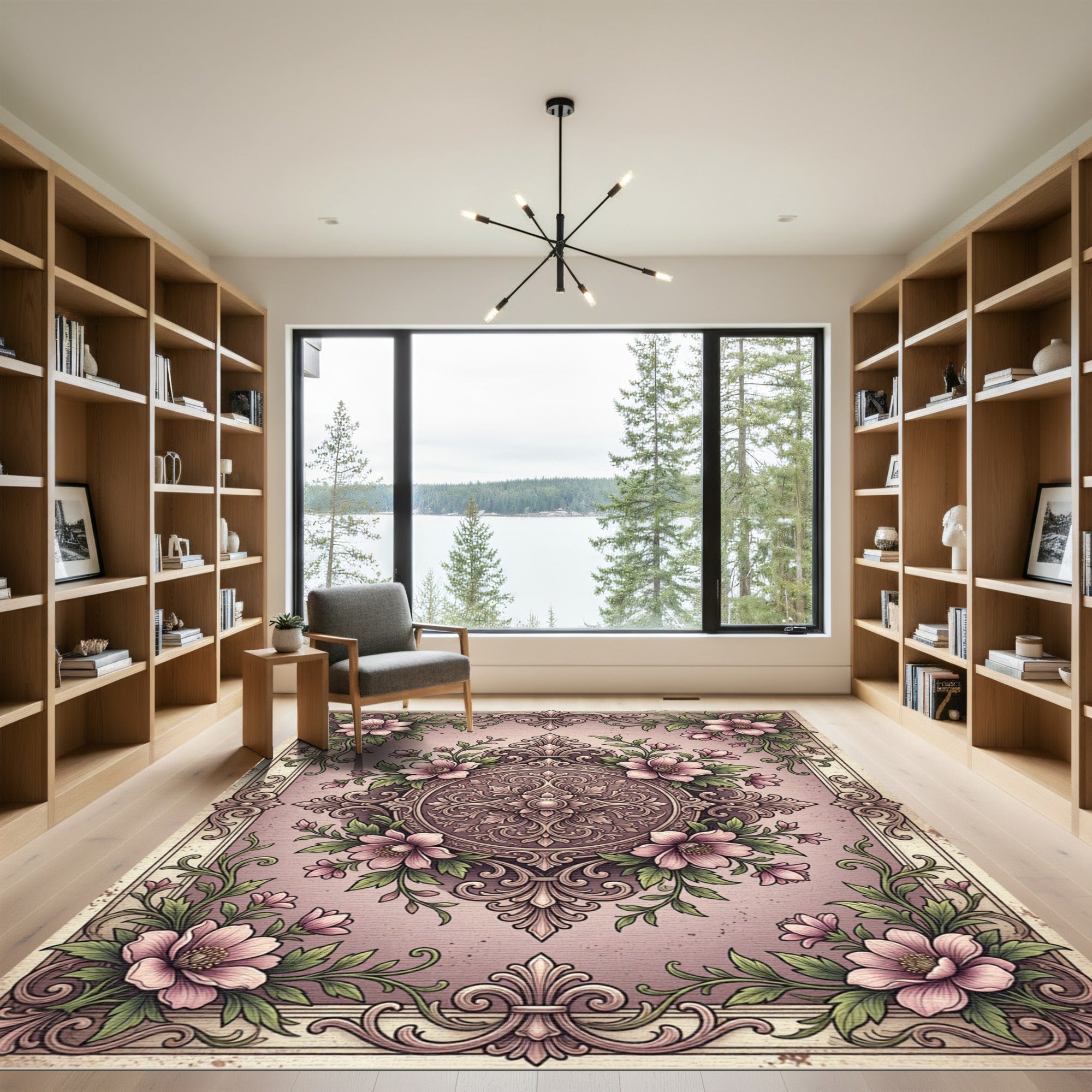 Pink Floral Medallion Garden Scene Rug