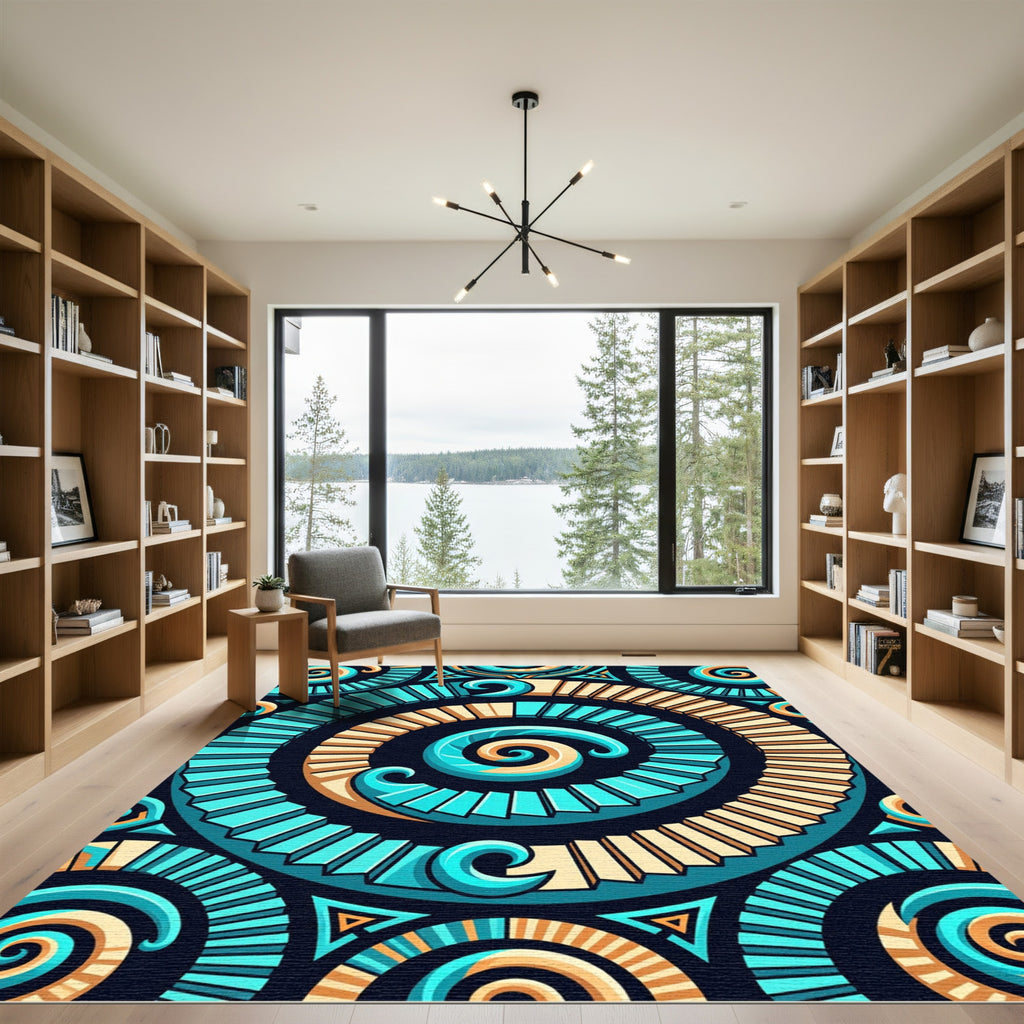 Cyan and Golden Swirling Geometric Spiral Rug