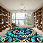 Cyan and Golden Swirling Geometric Spiral Rug