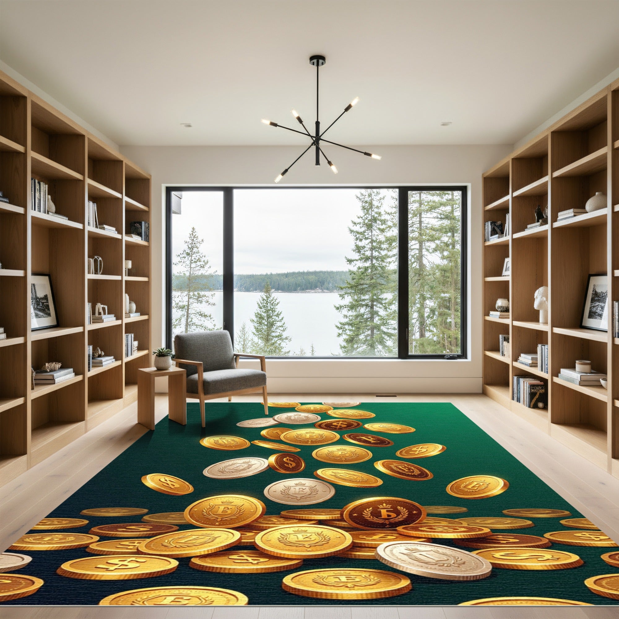 Golden Coin Cascade Emerald Backdrop Rug