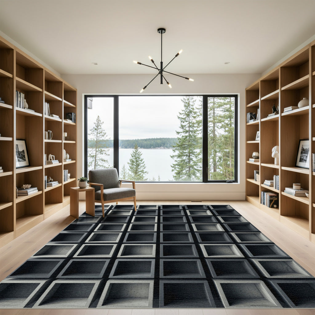 Minimalist Monochrome Architectural Cubic Grid Rug