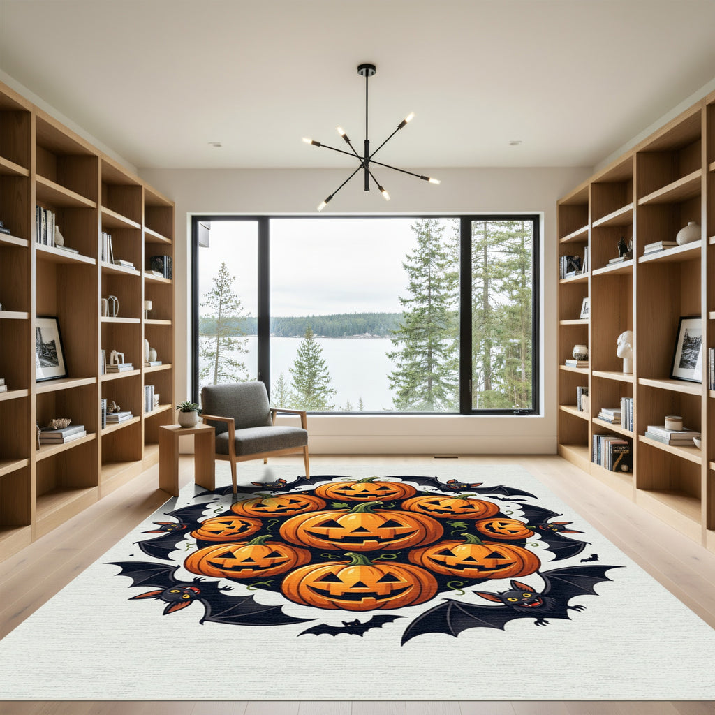 Spooky Pumpkin and Bat Halloween Medallion Rug