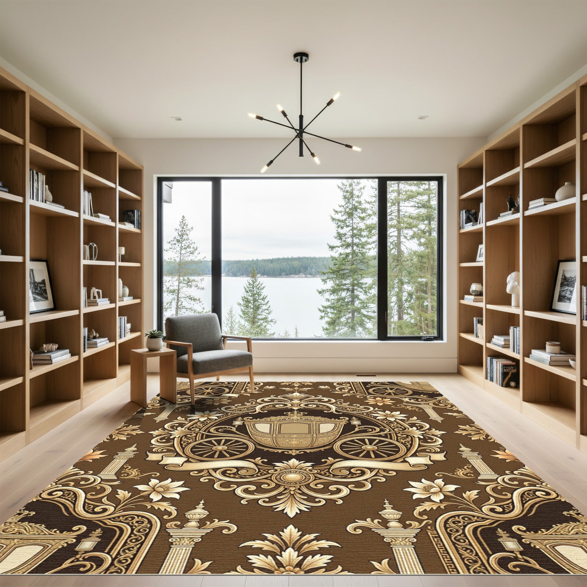 Golden Baroque Carriage and Floral Damask Rug