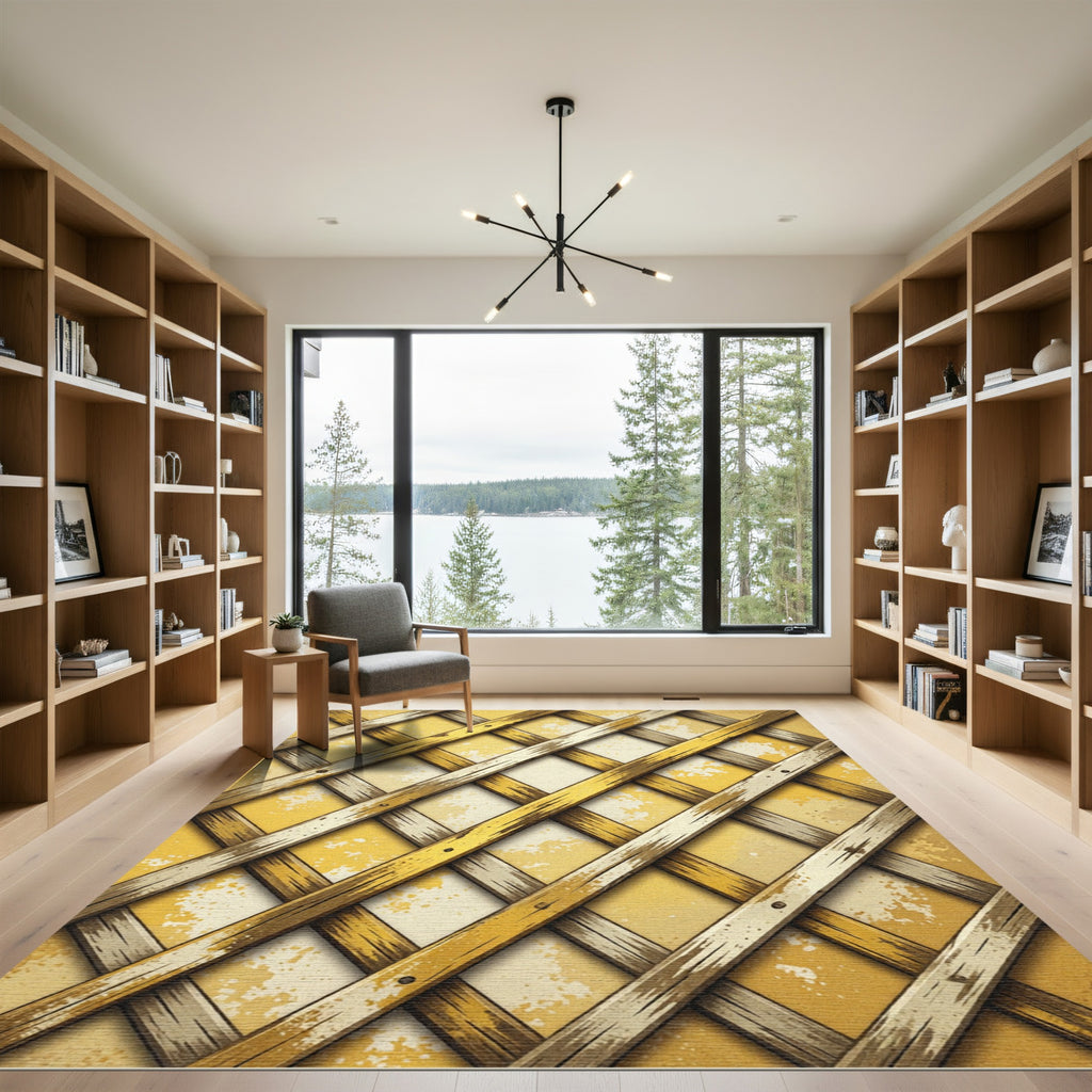 Golden Lattice Rustic Distressed Grid Rug