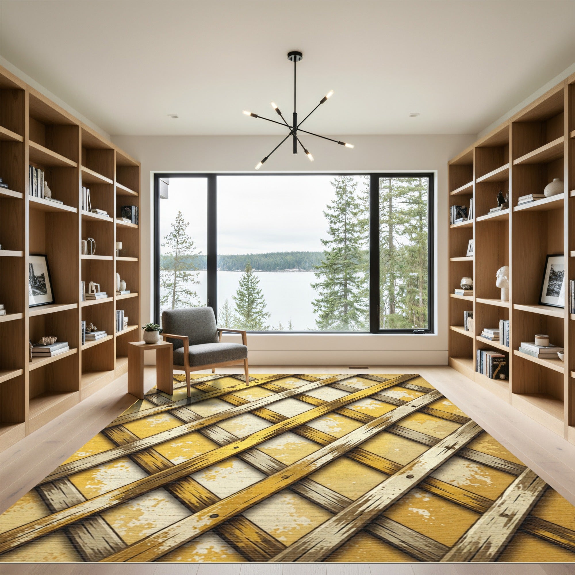 Golden Lattice Rustic Distressed Grid Rug