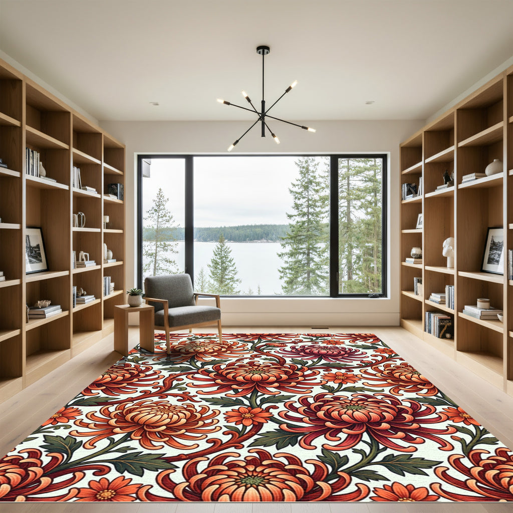 Red Orange Mum Chrysanthemum Floral Arrangement Rug