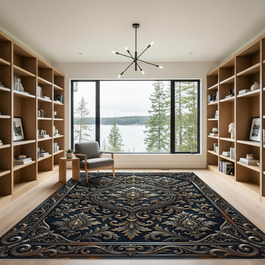 Ornate Bronze Damask Medallion Charcoal Rug
