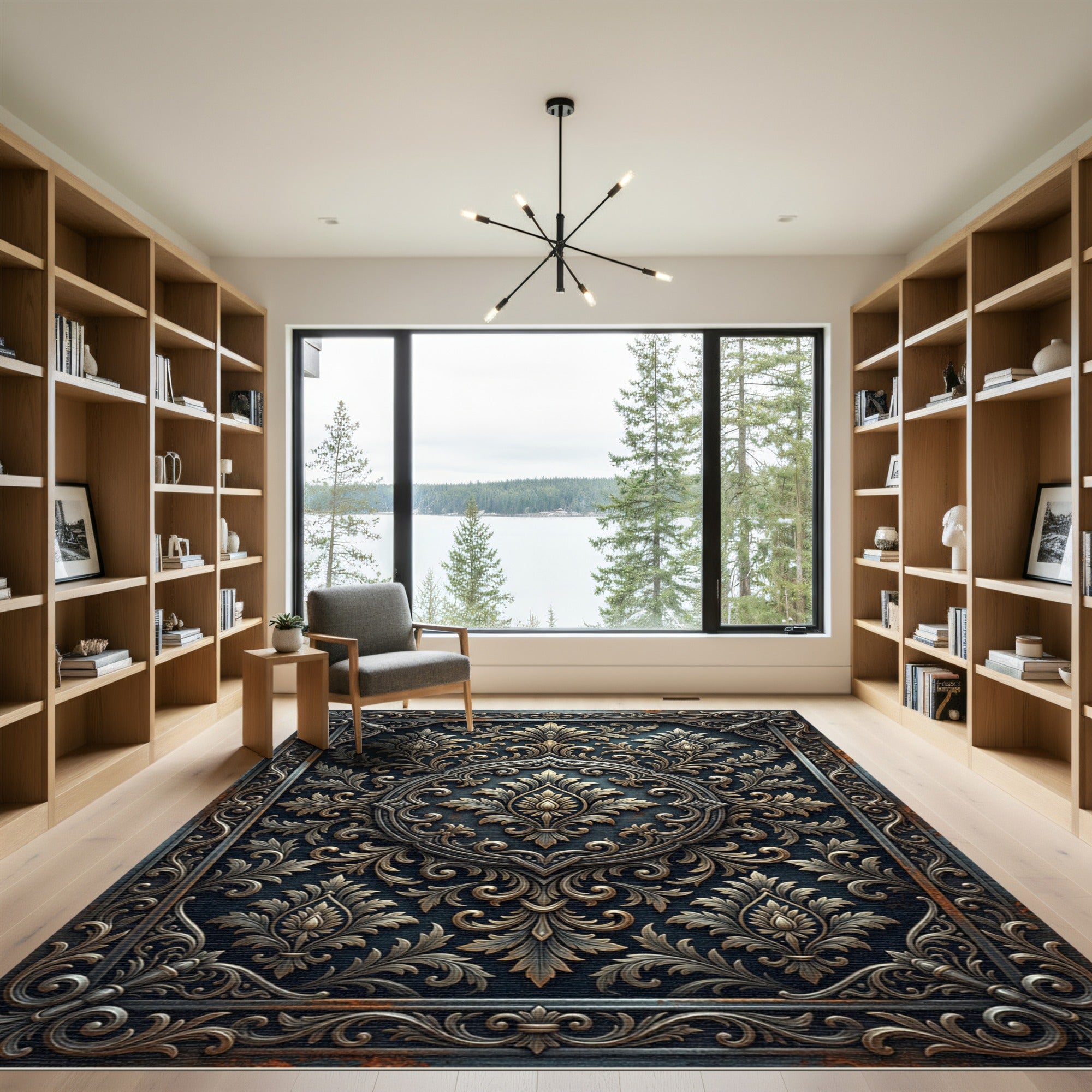 Ornate Bronze Damask Medallion Charcoal Rug