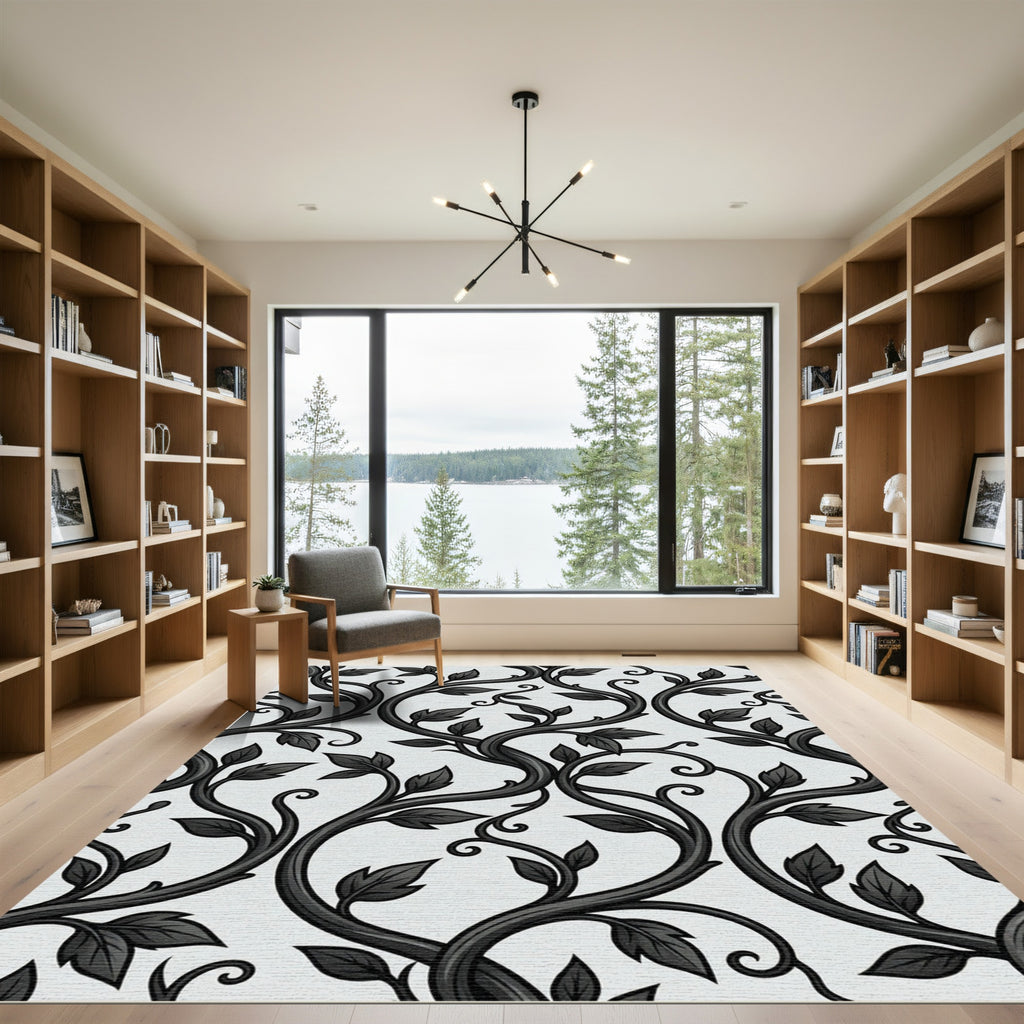 Elegant Black and White Botanical Vine Rug