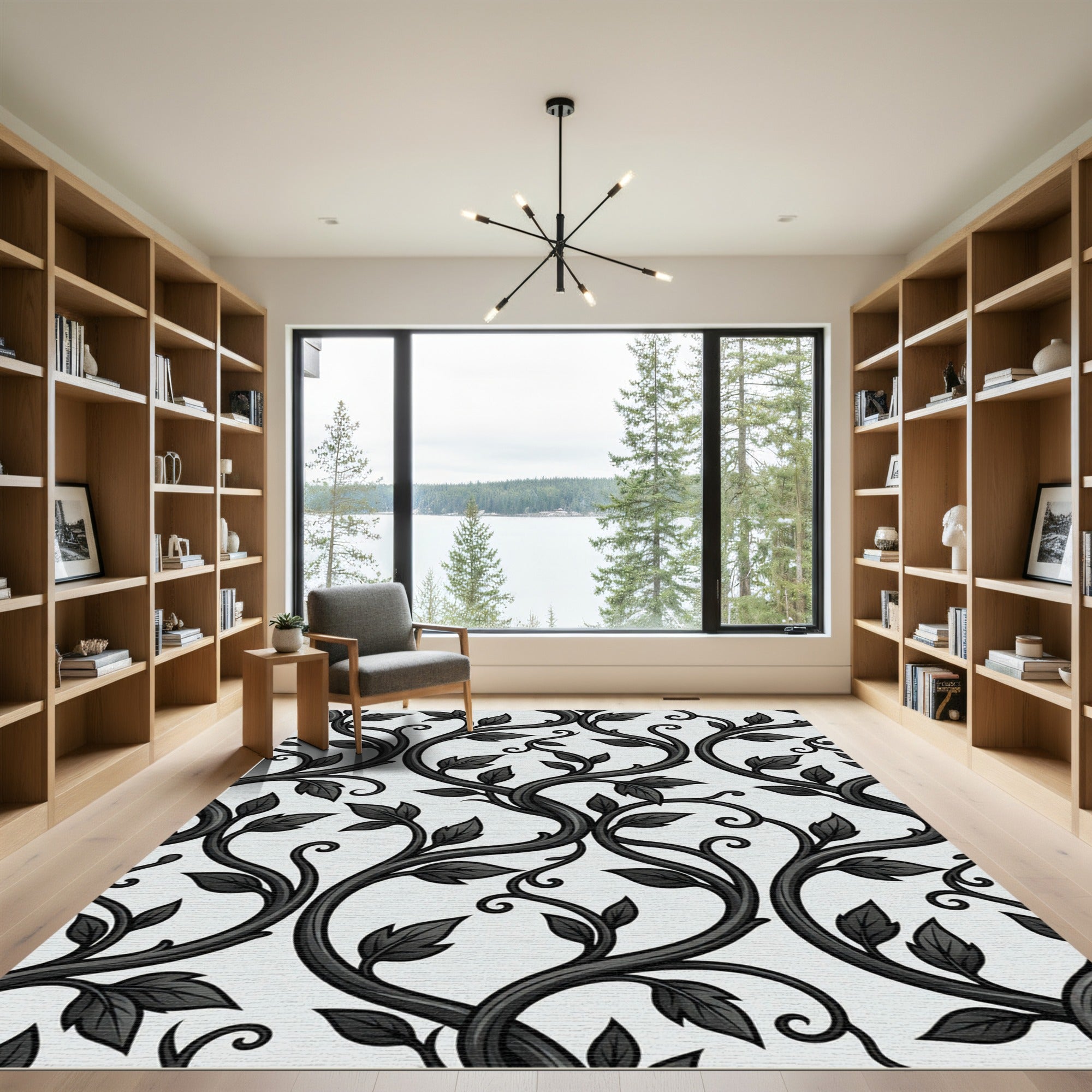Elegant Black and White Botanical Vine Rug