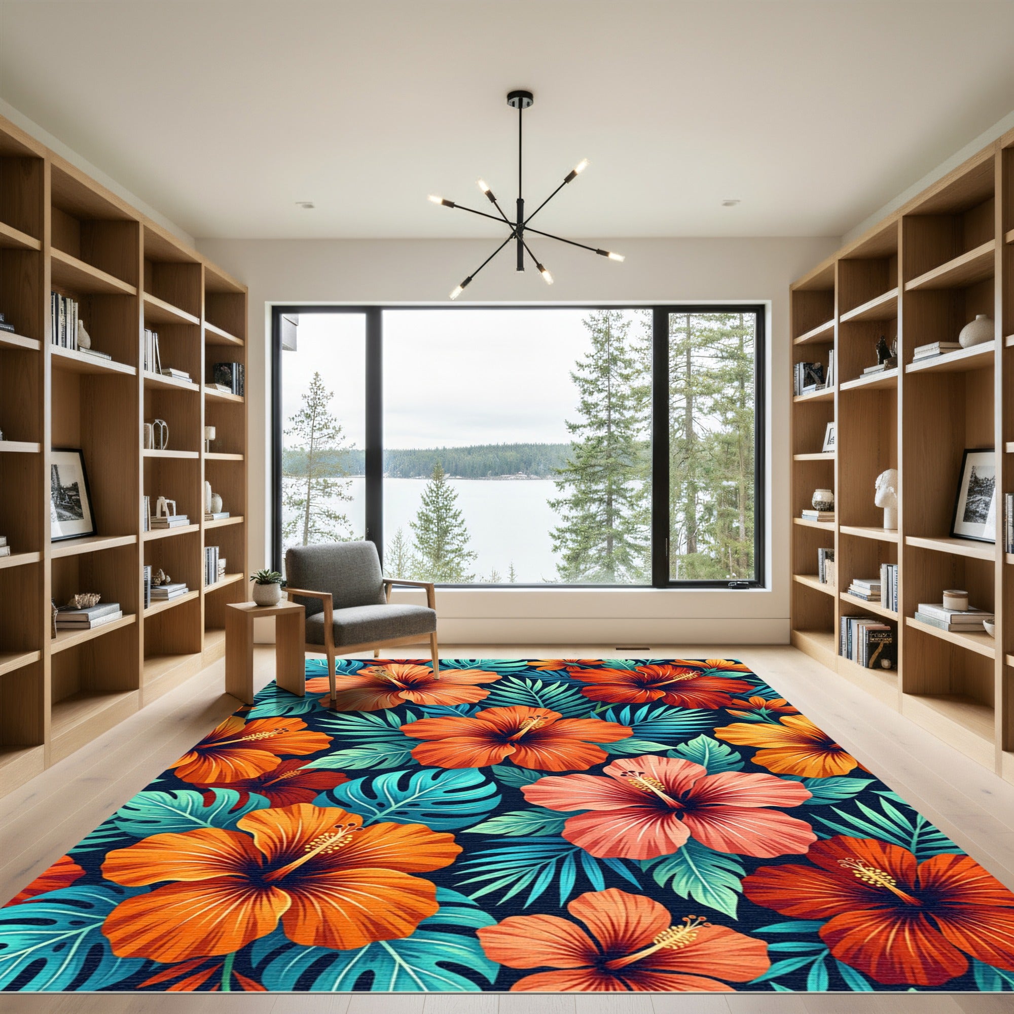 Vibrant Tropical Hibiscus Floral Jungle Rug