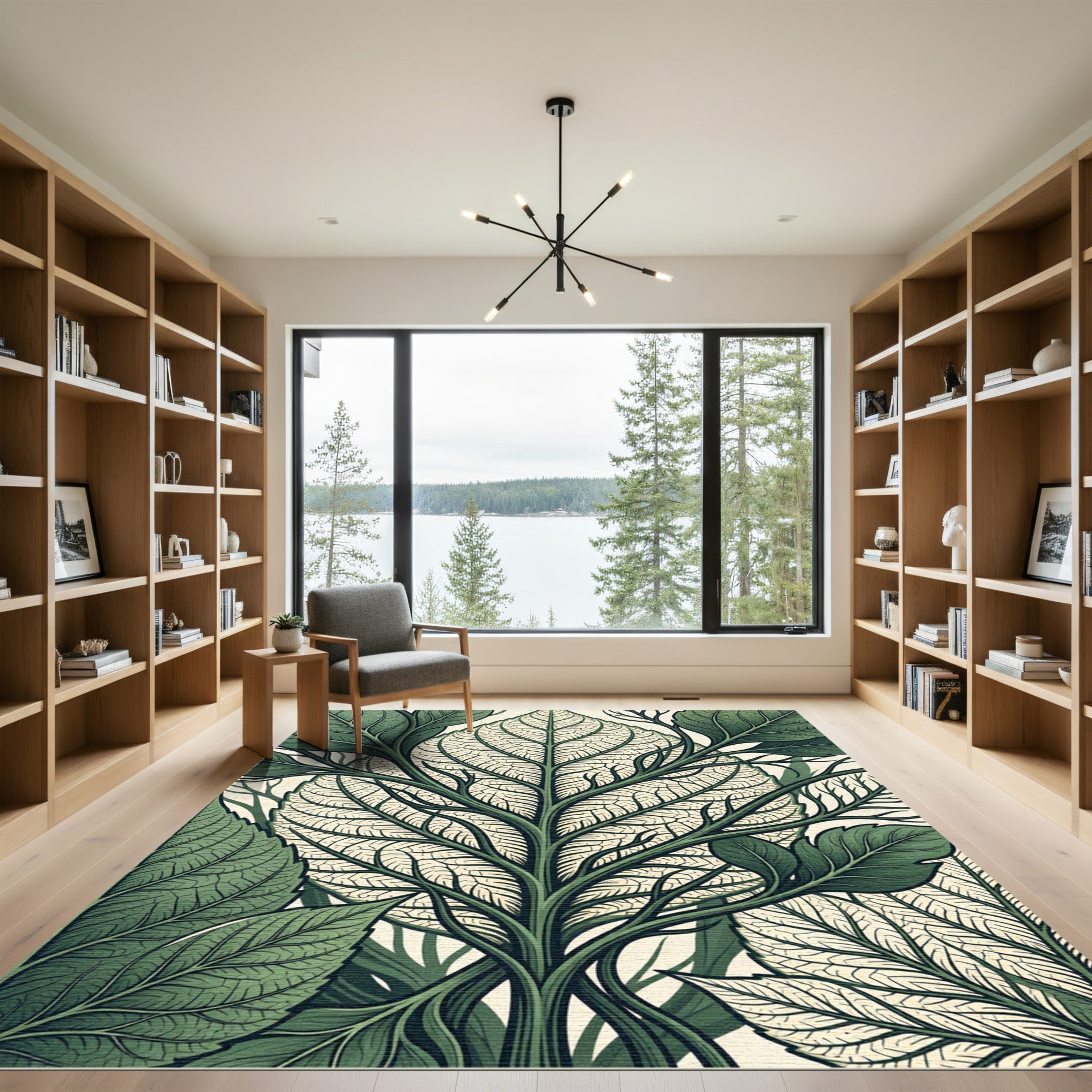 Emerald Green Botanical Leaf Vein Rug