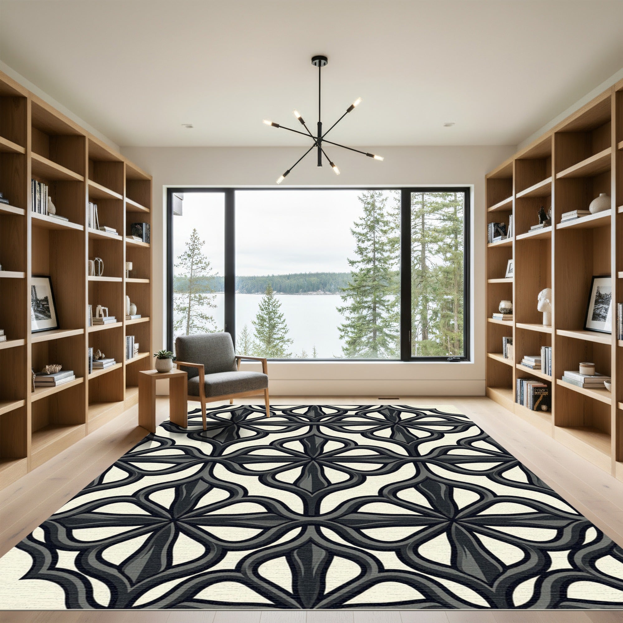 Modern Charcoal Gothic Quatrefoil Scroll Rug