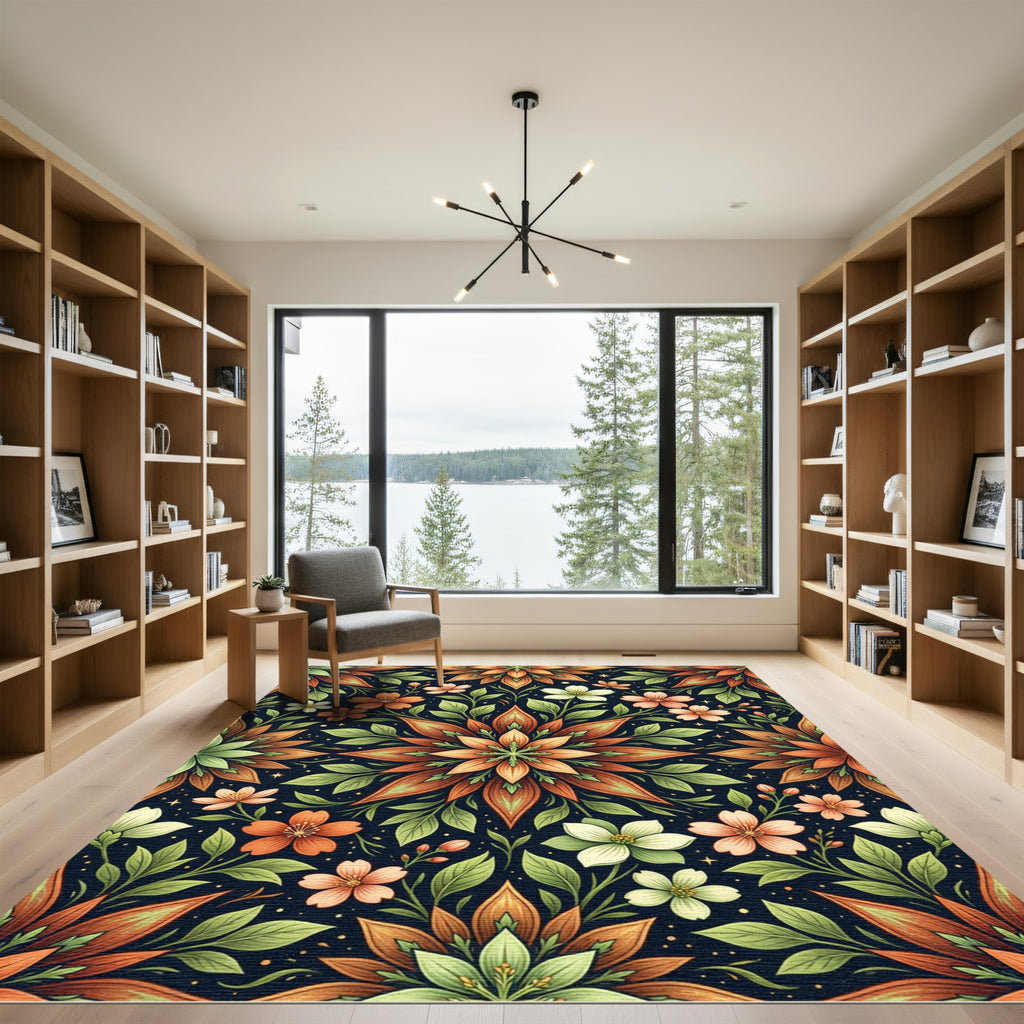 Symmetrical Autumn Floral Botanical Medallion Rug