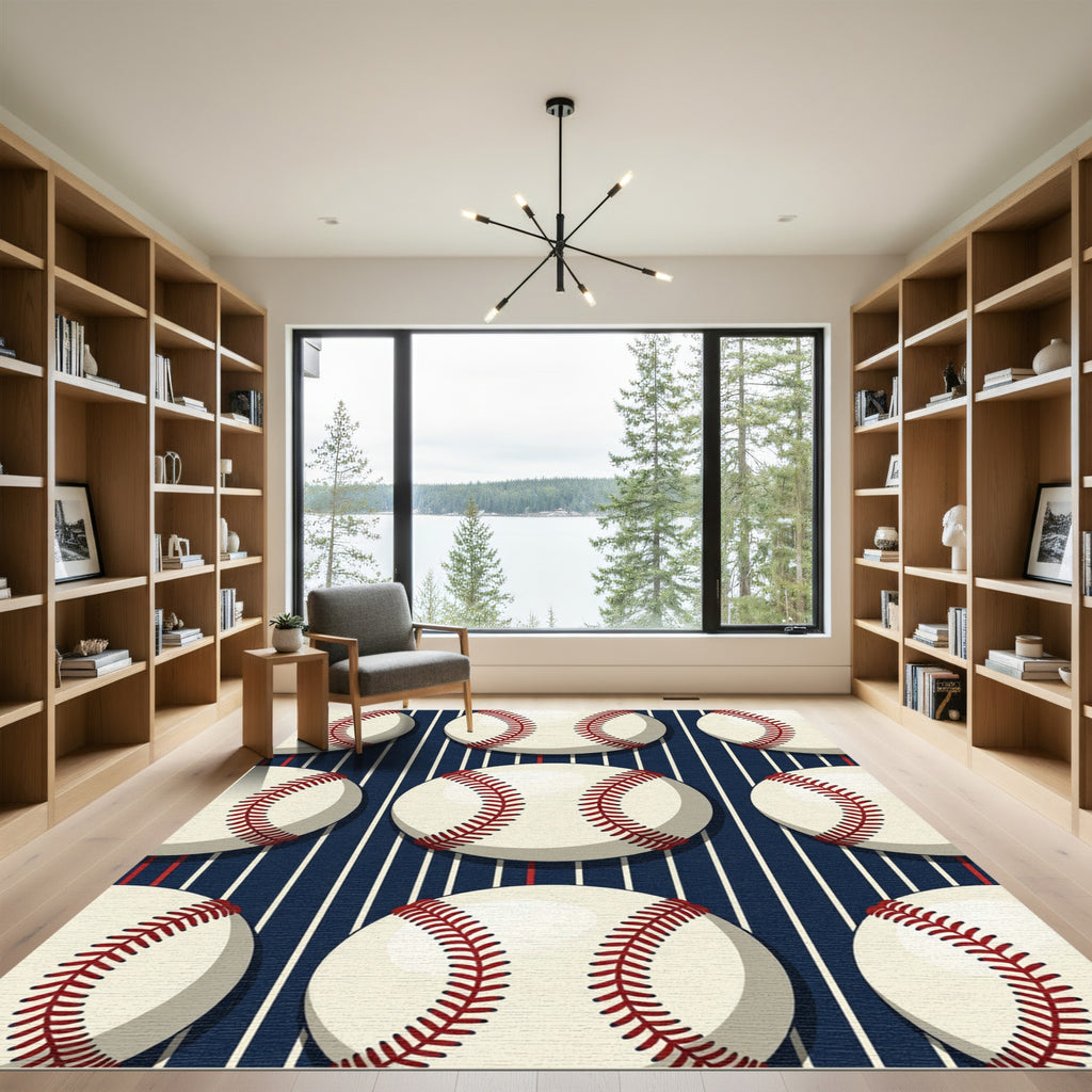Classic Baseball Navy Striped Graphic Rug