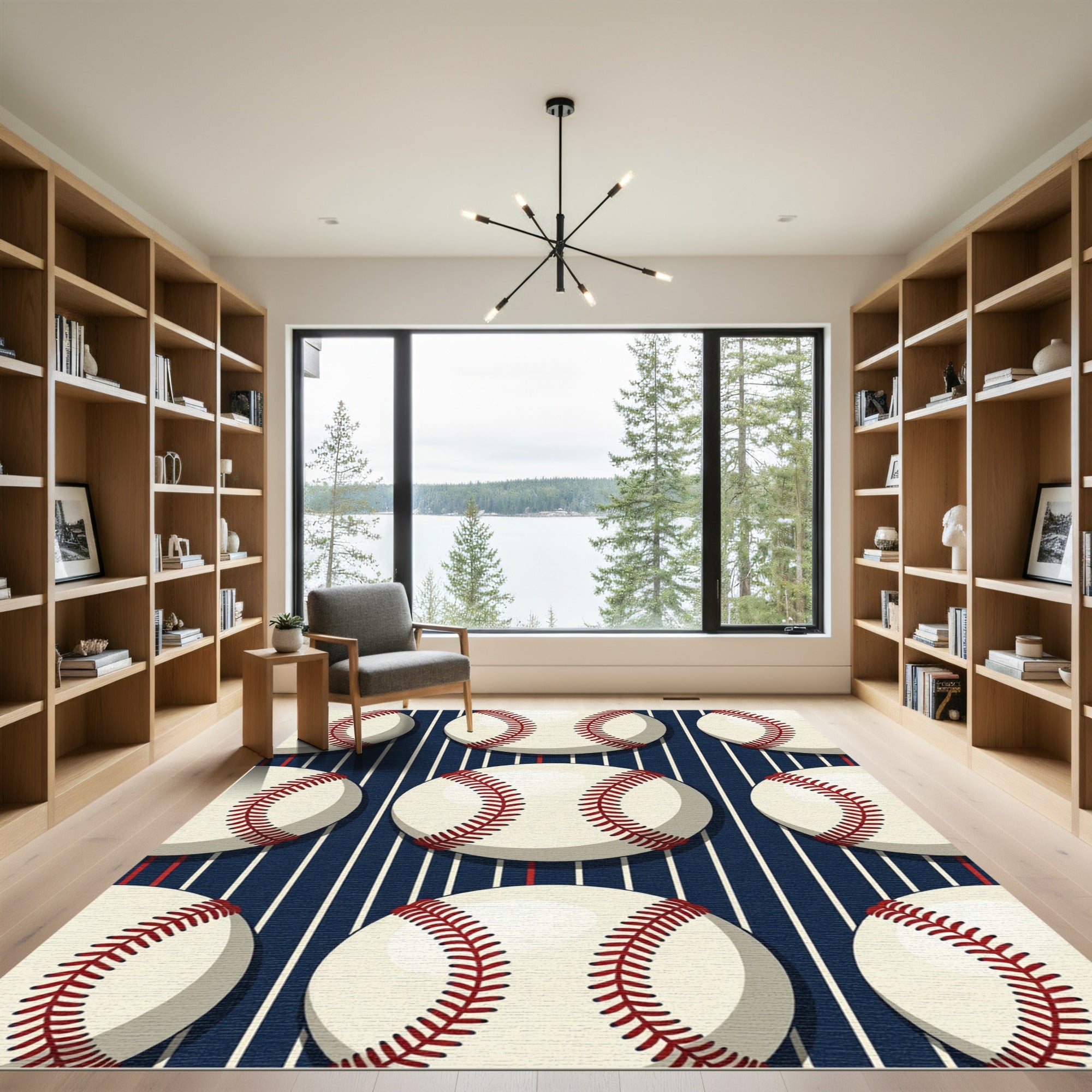 Classic Baseball Navy Striped Graphic Rug