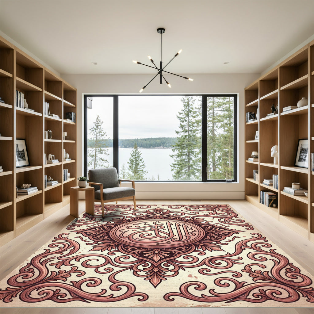 Intricate Rose Gold Ornate Calligraphy Medallion Rug