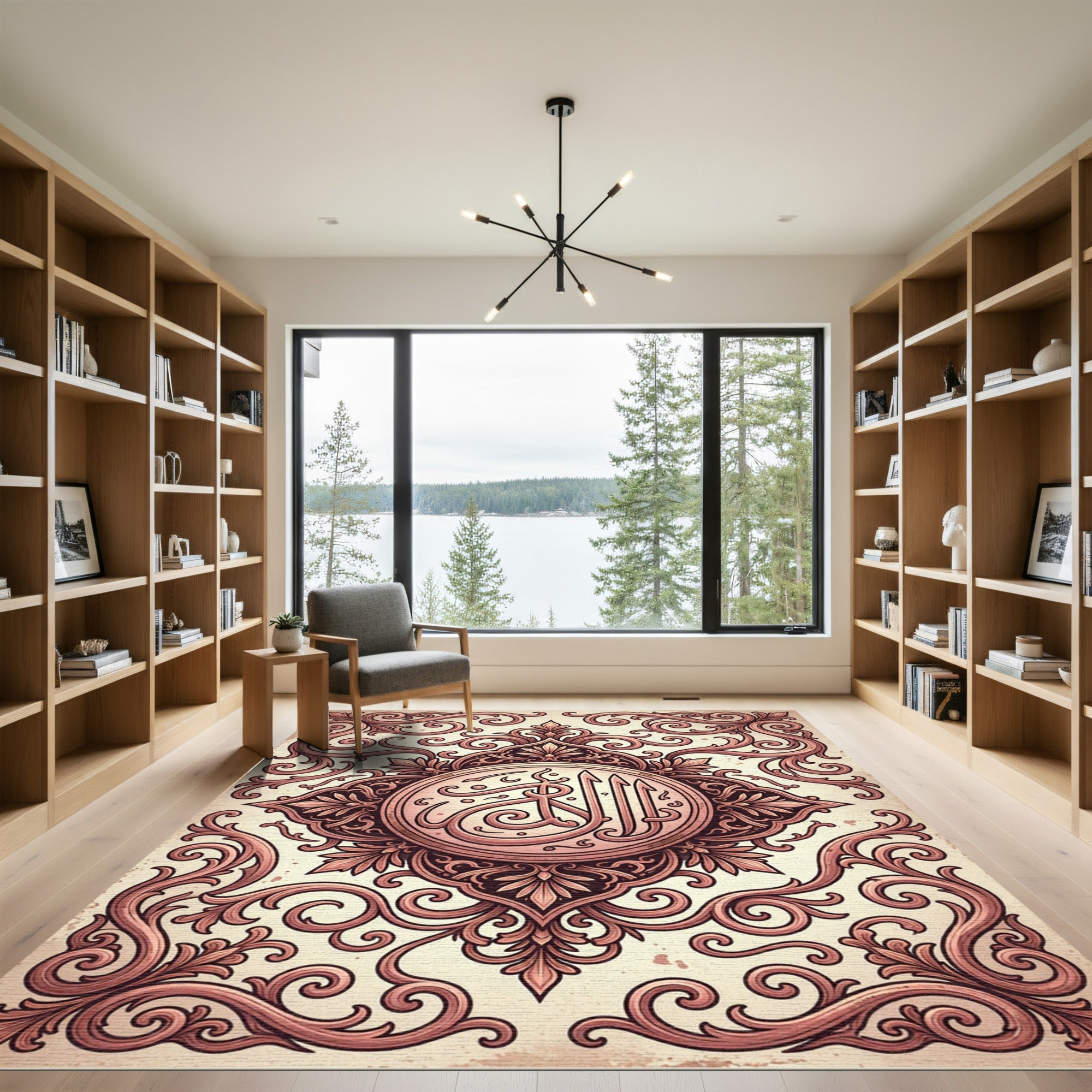 Intricate Rose Gold Ornate Calligraphy Medallion Rug