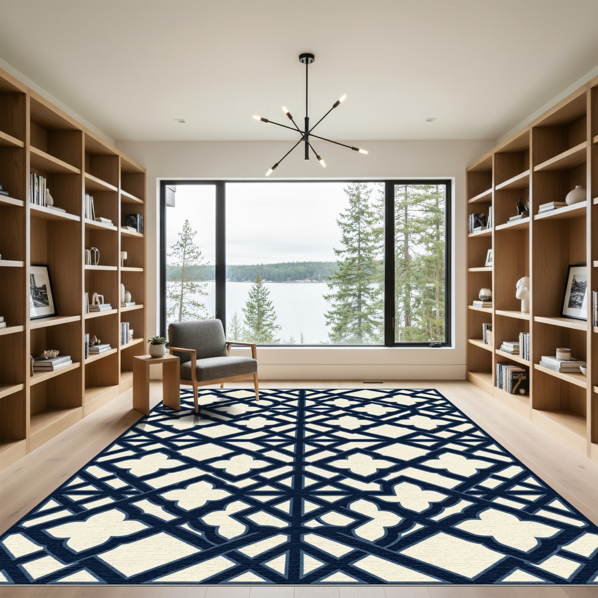 Navy Geometric Quatrefoil Lattice Tile Rug