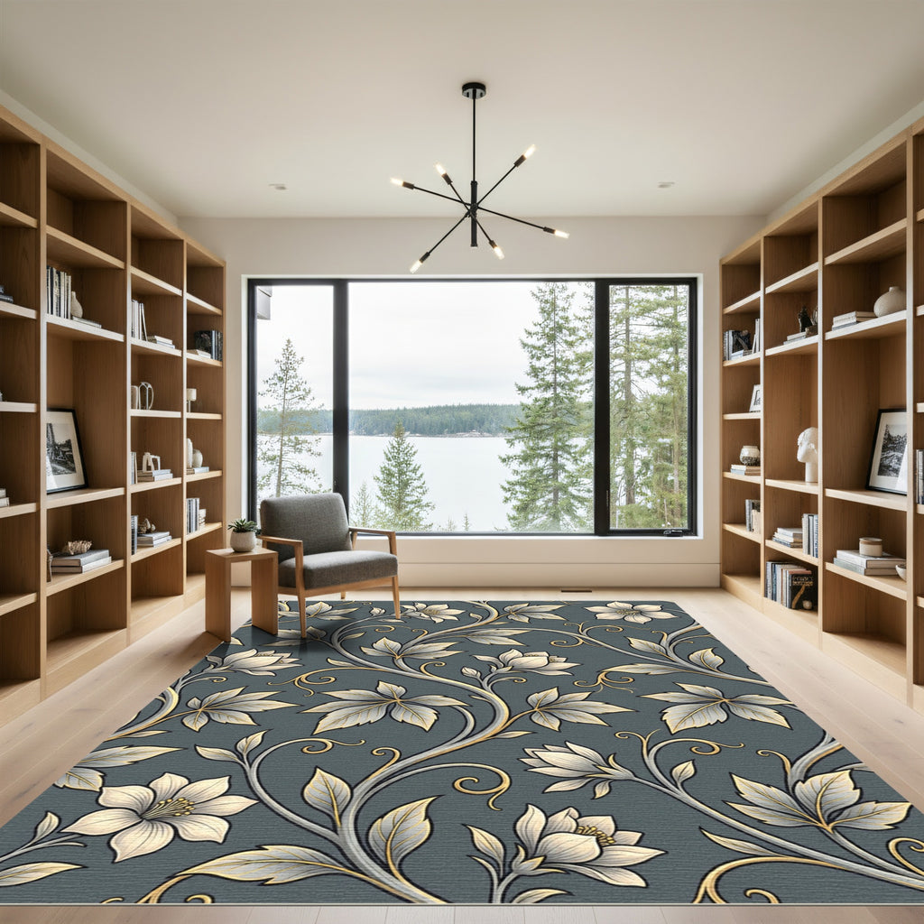 Elegant Charcoal and Gold Botanical Vine Rug
