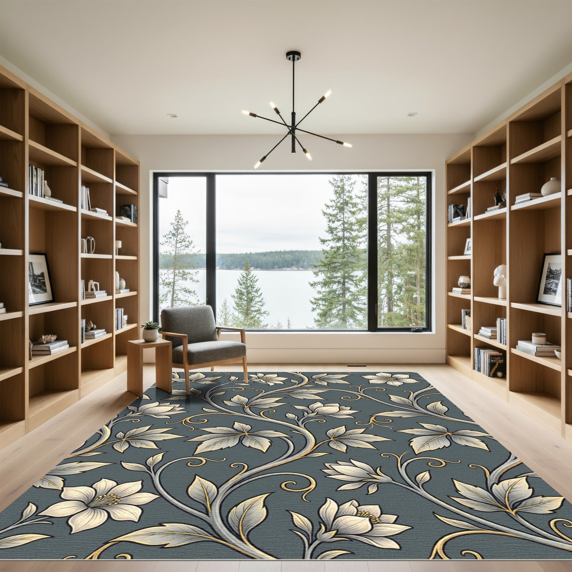 Elegant Charcoal and Gold Botanical Vine Rug