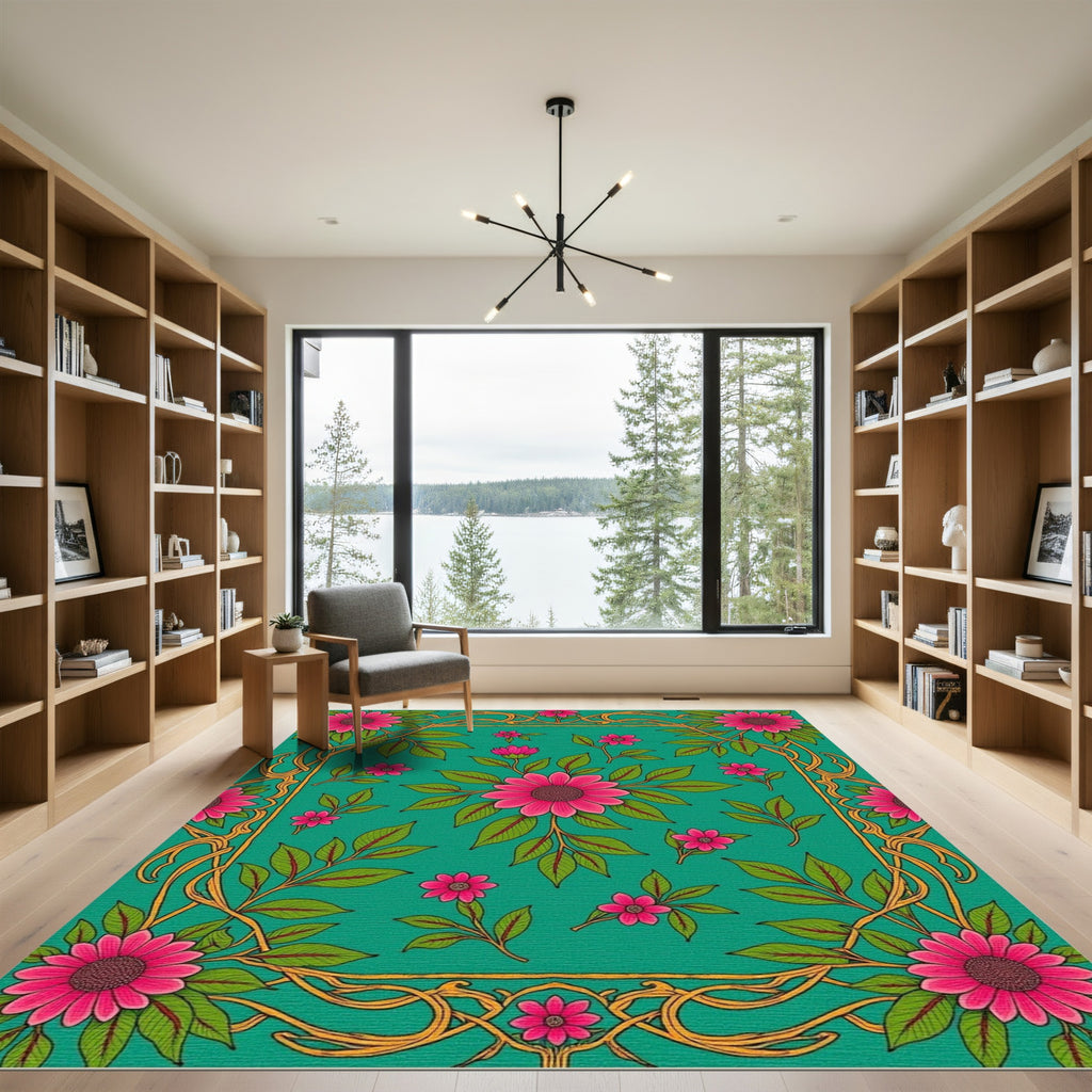Vibrant Pink Floral Nature Vines Rug