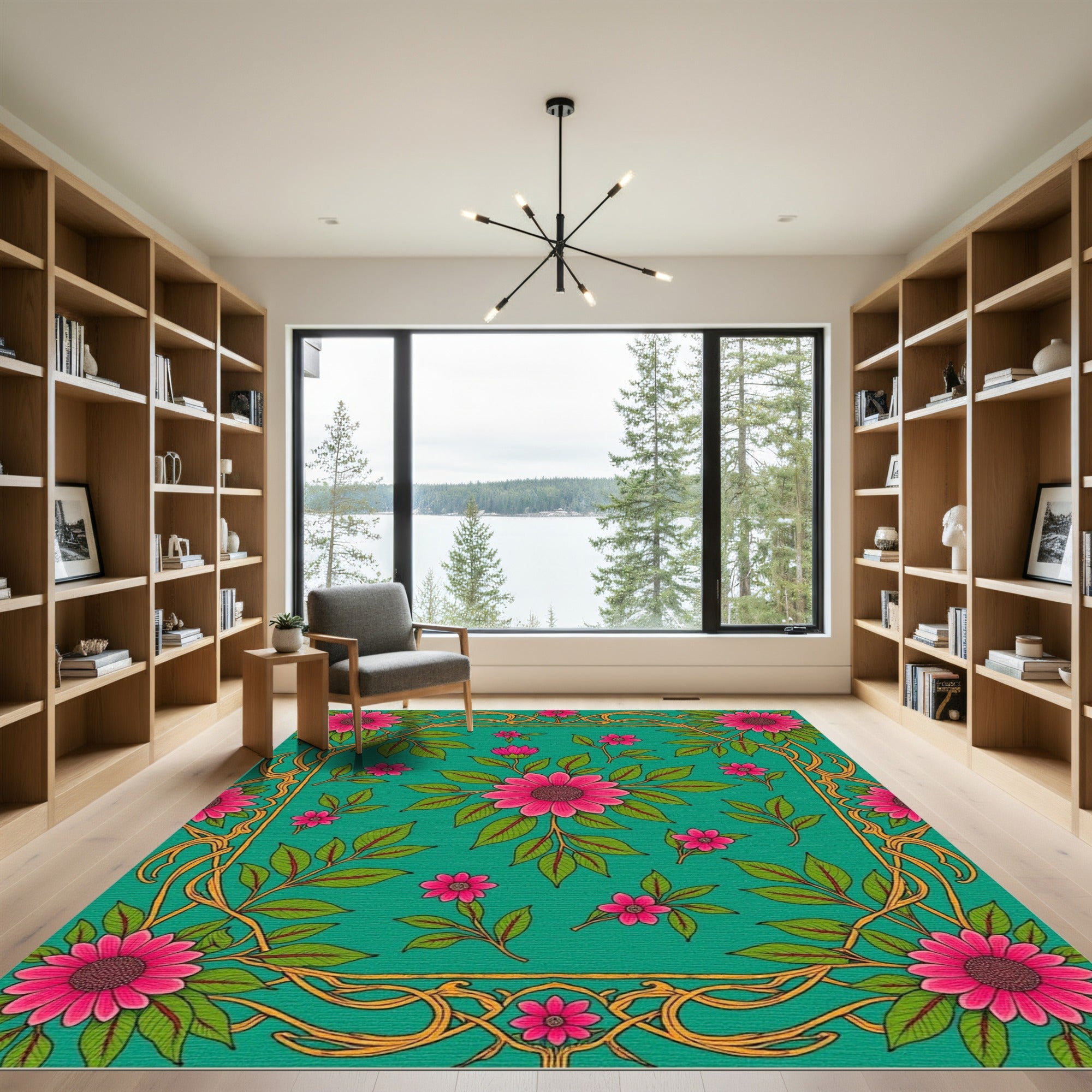 Vibrant Pink Floral Nature Vines Rug