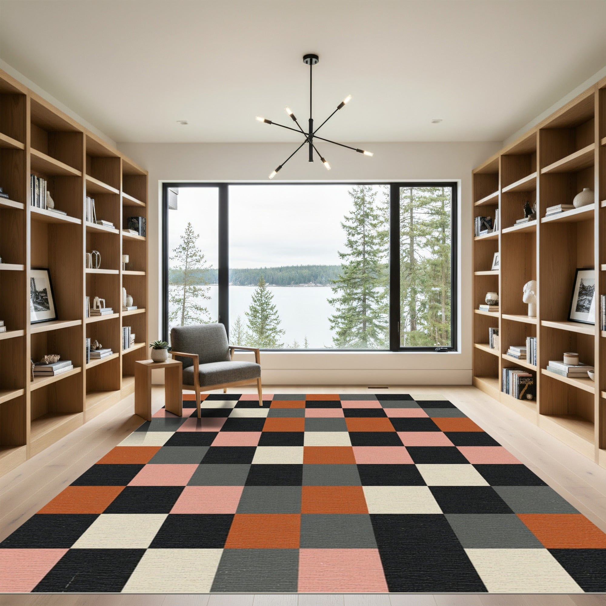 Modern Geometric Earthy Block Grid Rug